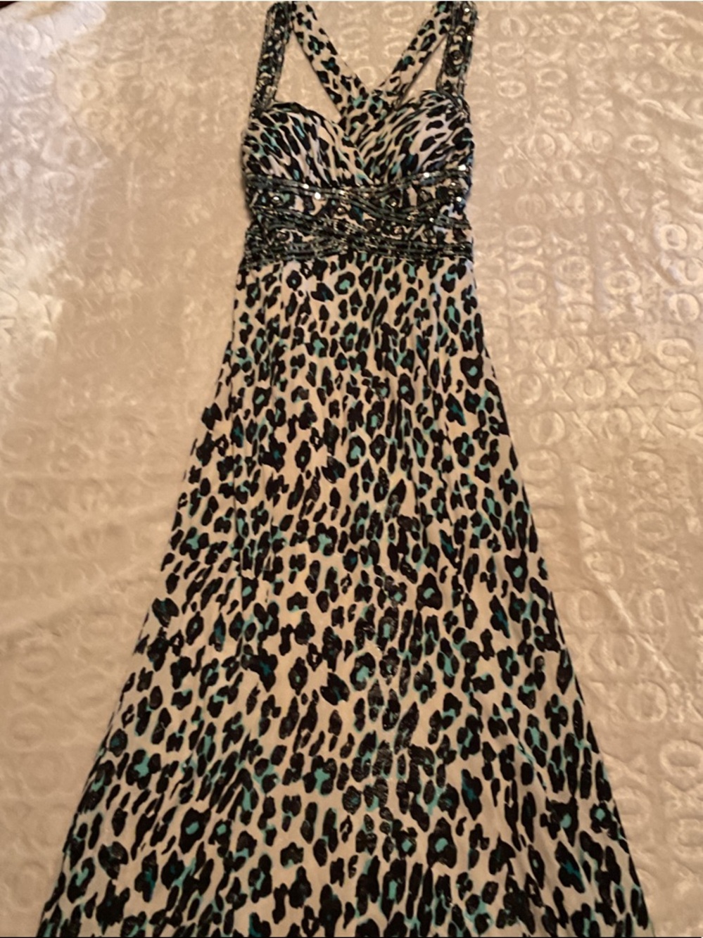 Teal and Black Leopard-Print Sleeveless Maxi Dress